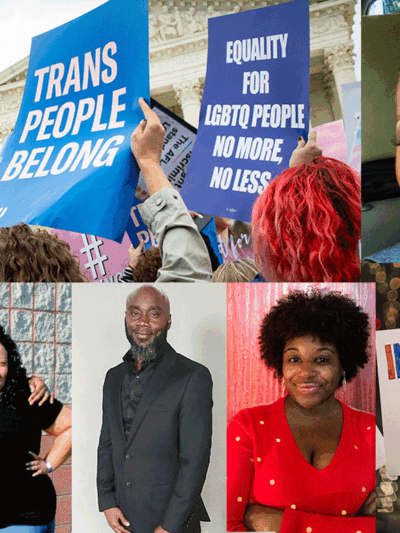 A collage of people who have victories in 2020 listed in the ACLU of Maryland blog and protest sign images.
