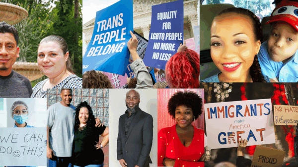 A collage of people who have victories in 2020 listed in the ACLU of Maryland blog and protest sign images.