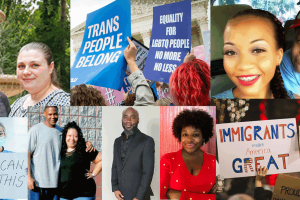 A collage of people who have victories in 2020 listed in the ACLU of Maryland blog and protest sign images.