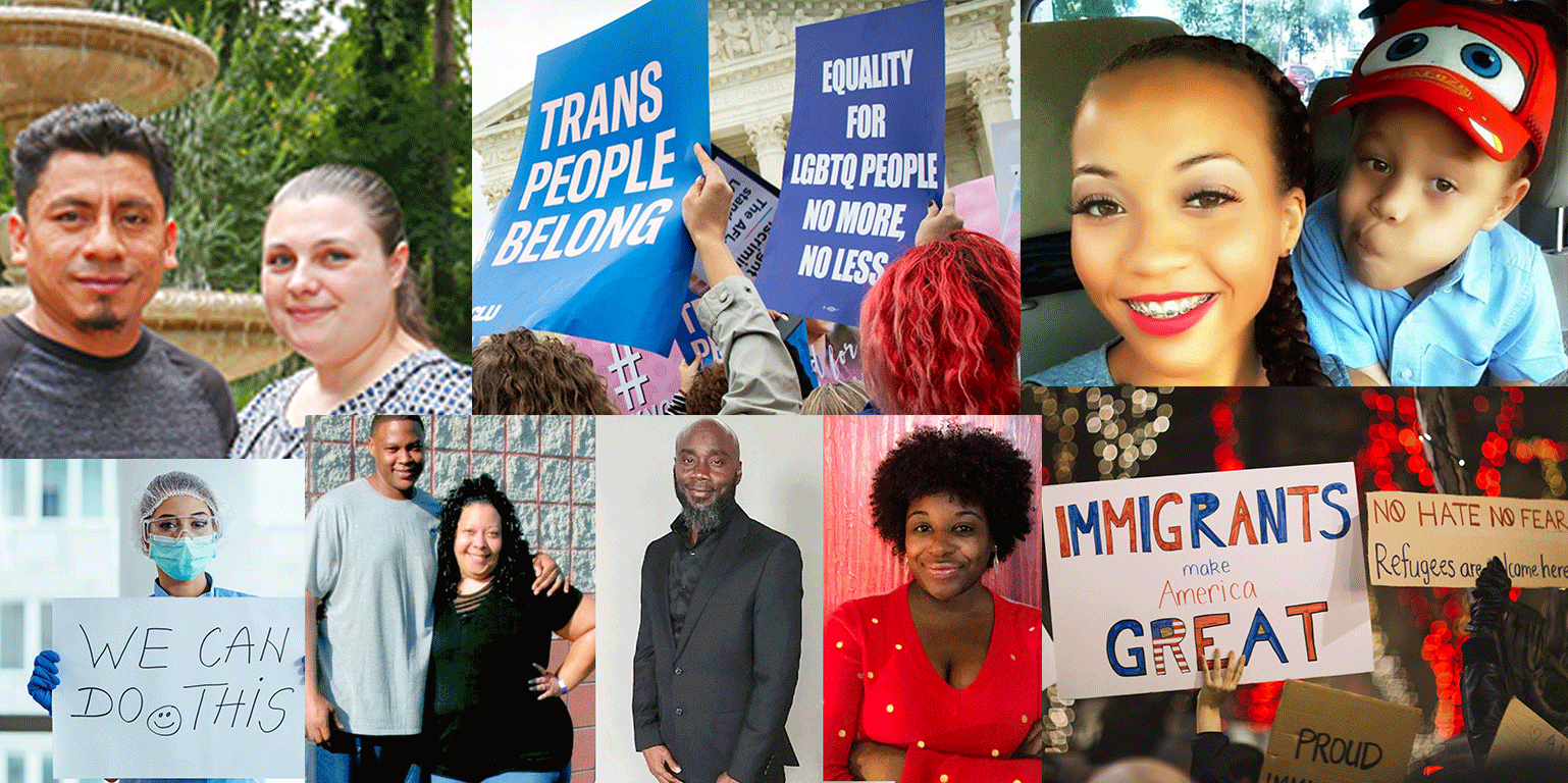 A collage of people who have victories in 2020 listed in the ACLU of Maryland blog and protest sign images.