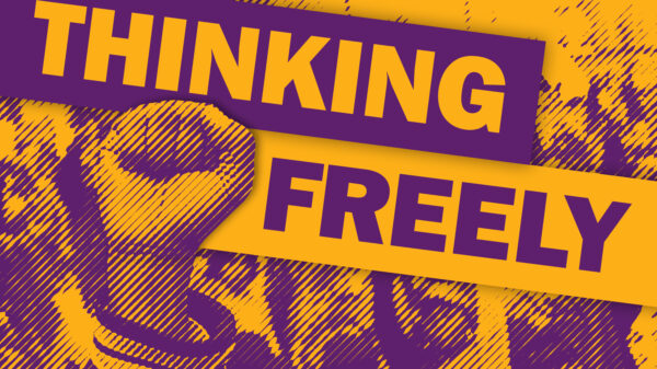 There is a fist in the air. The picture is yellow and purple. There is writing in the middle that says Thinking Freely. There is another piece of white writing at the top right corner that says ACLU MD.