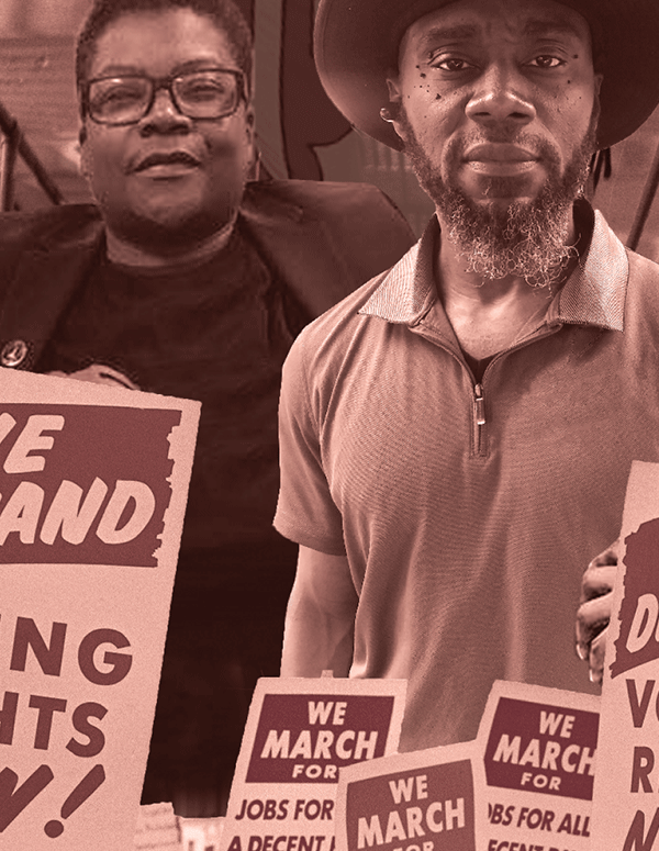 Free the Vote. Nicole Hanson Mundell, Monica Cooper, Earl Young, and Qiana Johnson are standing together behind posters from the Civil Rights Movement calling for voting rights now. The poster has a pink and brown theme.