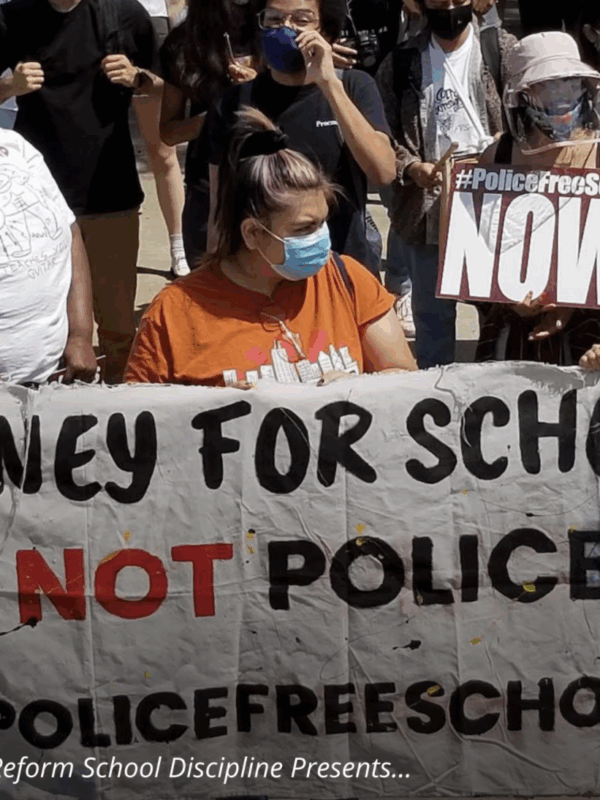The picture is of people at a protest march holding a big banner that says "Money For Schools Not Police. Police Free Schools".