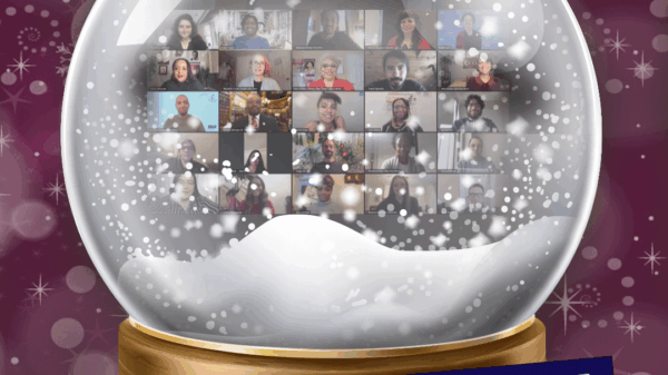 Image shows a snow gloge with ACLU of Maryland staff shown in a grid in a Zoom meeting. The bottom says Happy Holidays on a navy blue background slightly angled. The background of the image is a dark fuschia with sparkles.