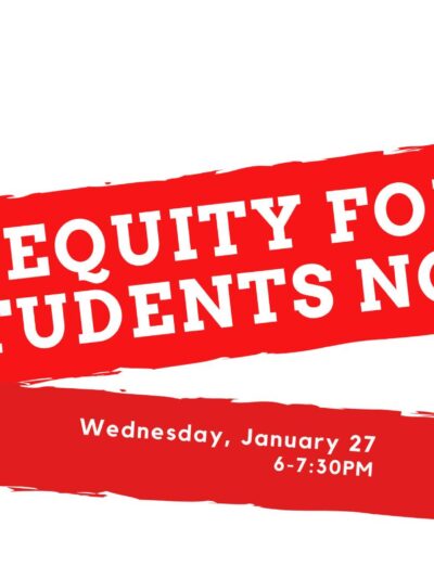 Imags has a white background and red angled lines and says, "Equity for Students Now!" The logo for the Maryland Education Coaltion is a red apple with the letters "MEC" on it and is in the upper left corner.