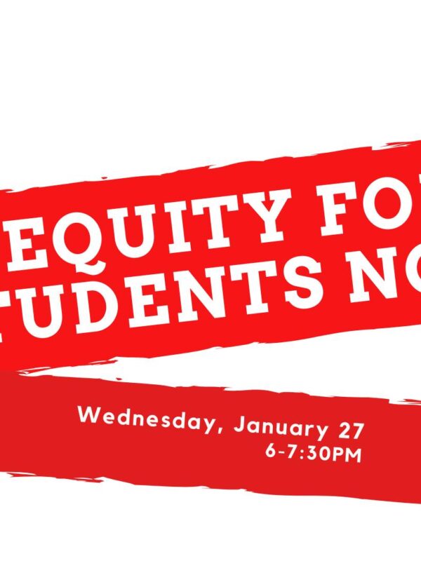 Imags has a white background and red angled lines and says, "Equity for Students Now!" The logo for the Maryland Education Coaltion is a red apple with the letters "MEC" on it and is in the upper left corner.