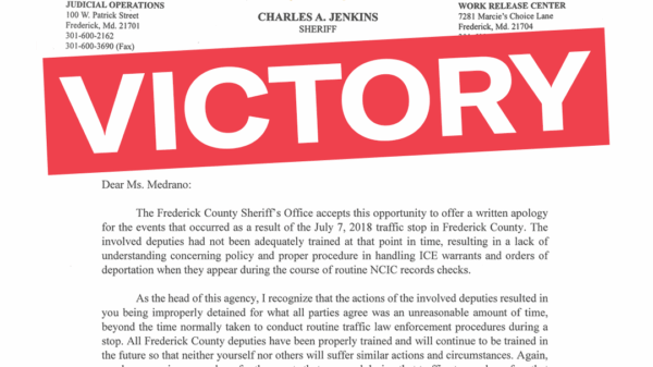 Image shows apology letter from Frederick County Chuck Jenkins to Sara Medrano, Latina resident and plaintiff in Medrano v. Jenkins. There is an angled red rectangle in the middle that says "Victory".