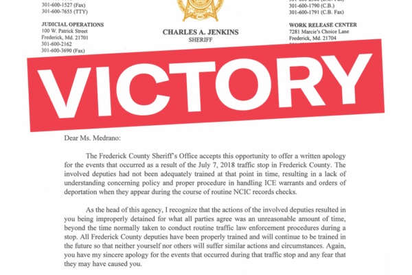 Image shows apology letter from Frederick County Chuck Jenkins to Sara Medrano, Latina resident and plaintiff in Medrano v. Jenkins. There is an angled red rectangle in the middle that says "Victory".