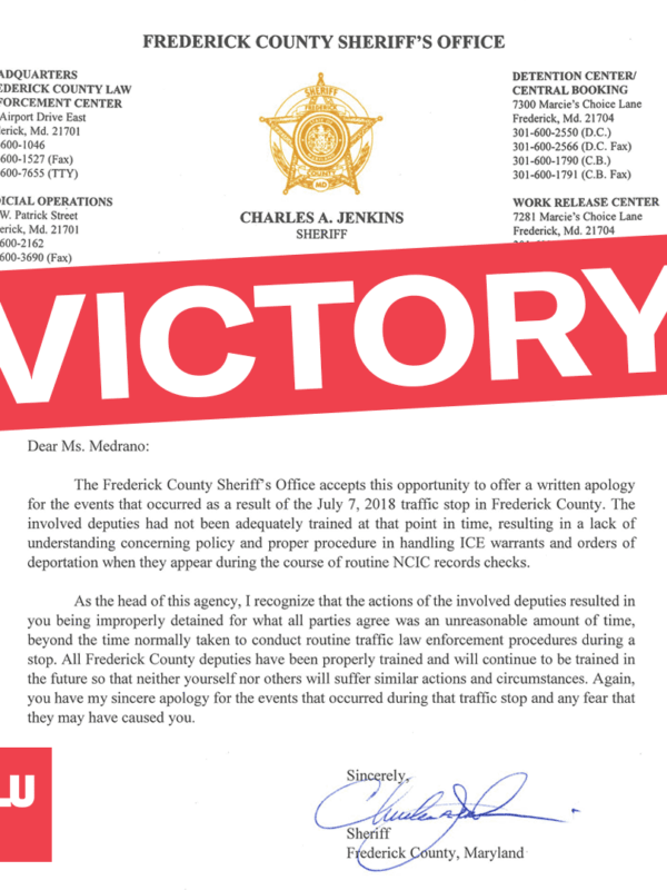Image shows apology letter from Frederick County Chuck Jenkins to Sara Medrano, Latina resident and plaintiff in Medrano v. Jenkins. There is an angled red rectangle in the middle that says "Victory".