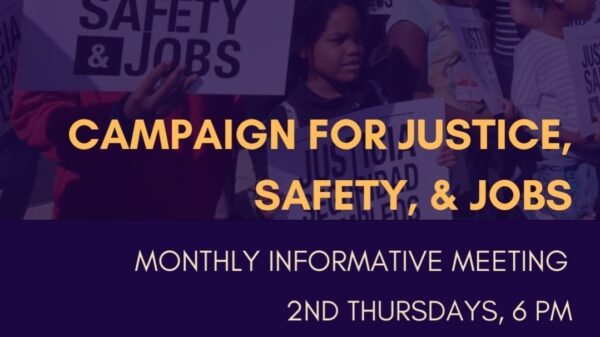 Campaign for Justice, Safety, and Jobs rally - people are at a protest holding signs