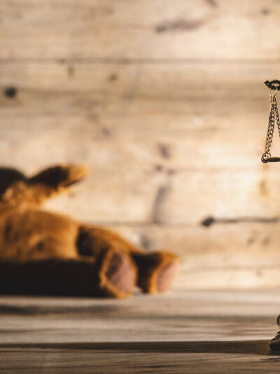 Image shows justice scales and statue and a teddy bear laying on its side.