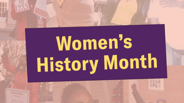 Women's History Month image has a collage of photos of Tawanda Jones and Ashley Overbey Wood.