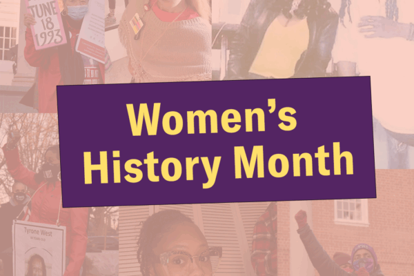 Women's History Month image has a collage of photos of Tawanda Jones and Ashley Overbey Wood.