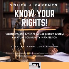 Know Your Rights event for children and parents, hosted by Southern Marylanders for Racial Equality. Image has text over a picture of a student at a desk with books in the background.