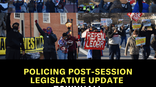 Policing Post-Session Legislative Update Town Hall - MCJPA. There is a collage of four pictures from a rally in March 2021 organized by the MCJPA coalition.