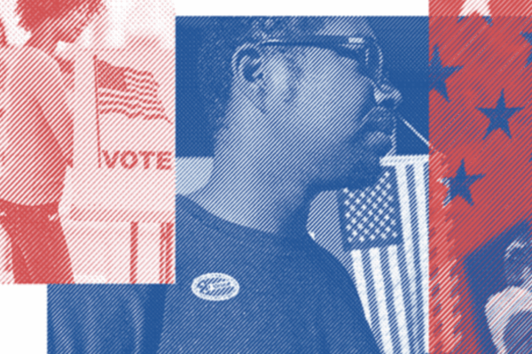 The image on the left is of a Black woman at voting at a ballot box and has a red filter over it. The image in the middle is a Black man wearing an "I voted" sticker and has on glasses. The image on the right is part of the US flag and shows stars.