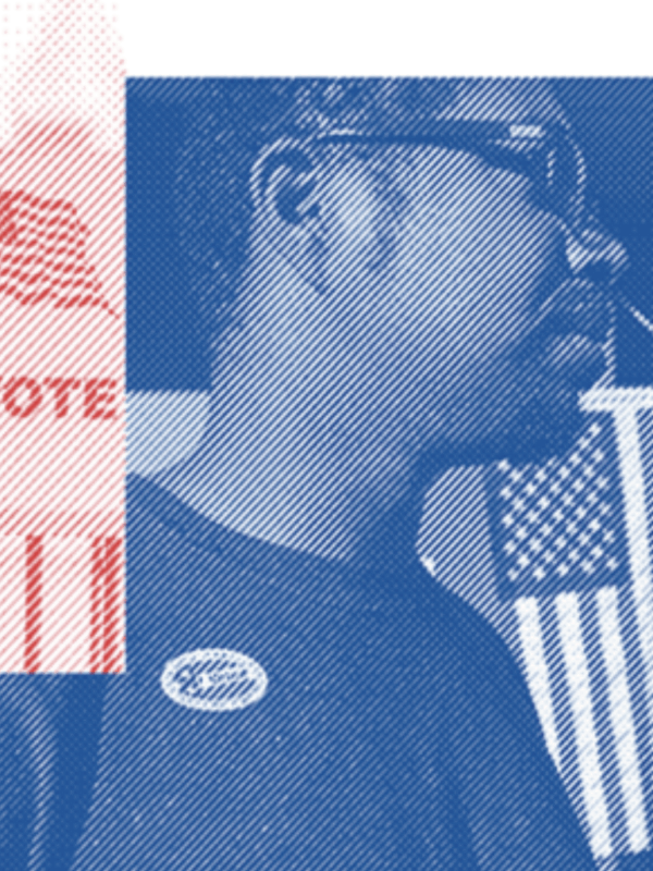 The image on the left is of a Black woman at voting at a ballot box and has a red filter over it. The image in the middle is a Black man wearing an "I voted" sticker and has on glasses. The image on the right is part of the US flag and shows stars.
