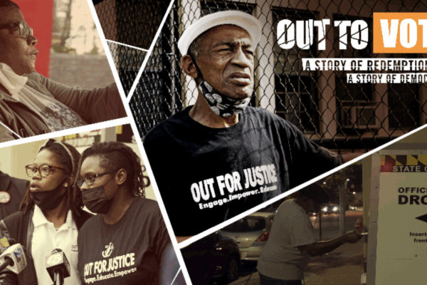 Out to Vote documentary event image shows a collage of Black advocates and a person putting a ballot in a drop box.
