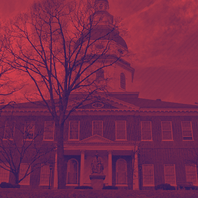 Maryland State House in Annapolis has a bitmap treatment over it with red and dark navy angled lines.