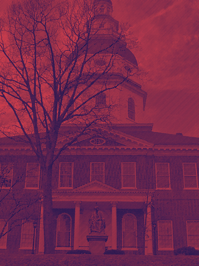 Maryland State House in Annapolis has a bitmap treatment over it with red and dark navy angled lines.