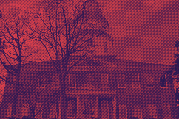 Maryland State House in Annapolis has a bitmap treatment over it with red and dark navy angled lines.
