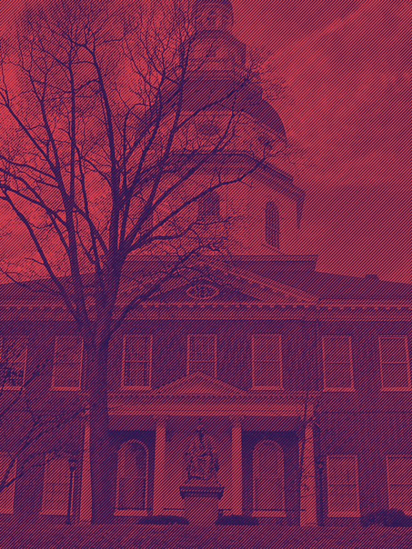 Maryland State House in Annapolis has a bitmap treatment over it with red and dark navy angled lines.