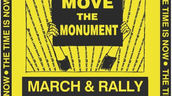 Event poster for the CommUnity for Justice Move the Monument march and rally on Juneteenth, July 19, 2021, in Easton, Maryland. The poster has a yellow background with black border that says, "The time is now." There are hands holding up a protest sign.