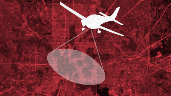 Police spy plane over map of Baltimore with a red overlay