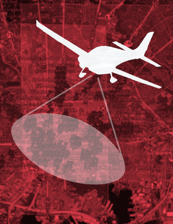 Police spy plane over map of Baltimore with a red overlay