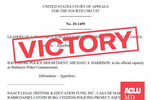 Victory stamp is angled over the first page of the 4th Circuit Opinion in the sply plane case, Leaders of a Beautiful Struggle v. Baltimore Police Department.