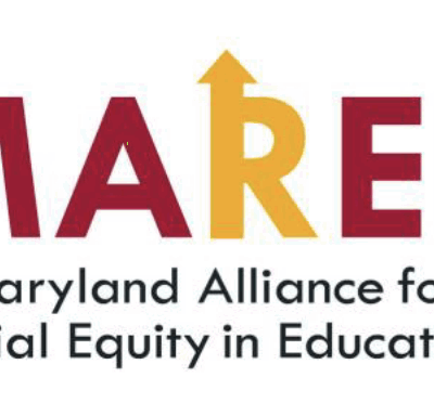 MAREE - Maryland Alliance for Racial Equity in Education logo is in red and yellow letters. The R has an arrow pointng upward. The acronym is above the spelled out words of the coalition name.