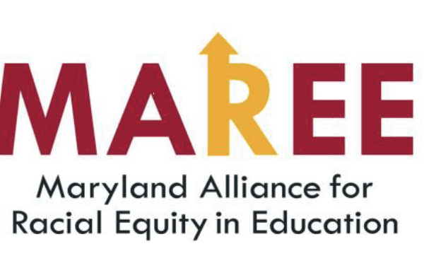 MAREE - Maryland Alliance for Racial Equity in Education logo is in red and yellow letters. The R has an arrow pointng upward. The acronym is above the spelled out words of the coalition name.