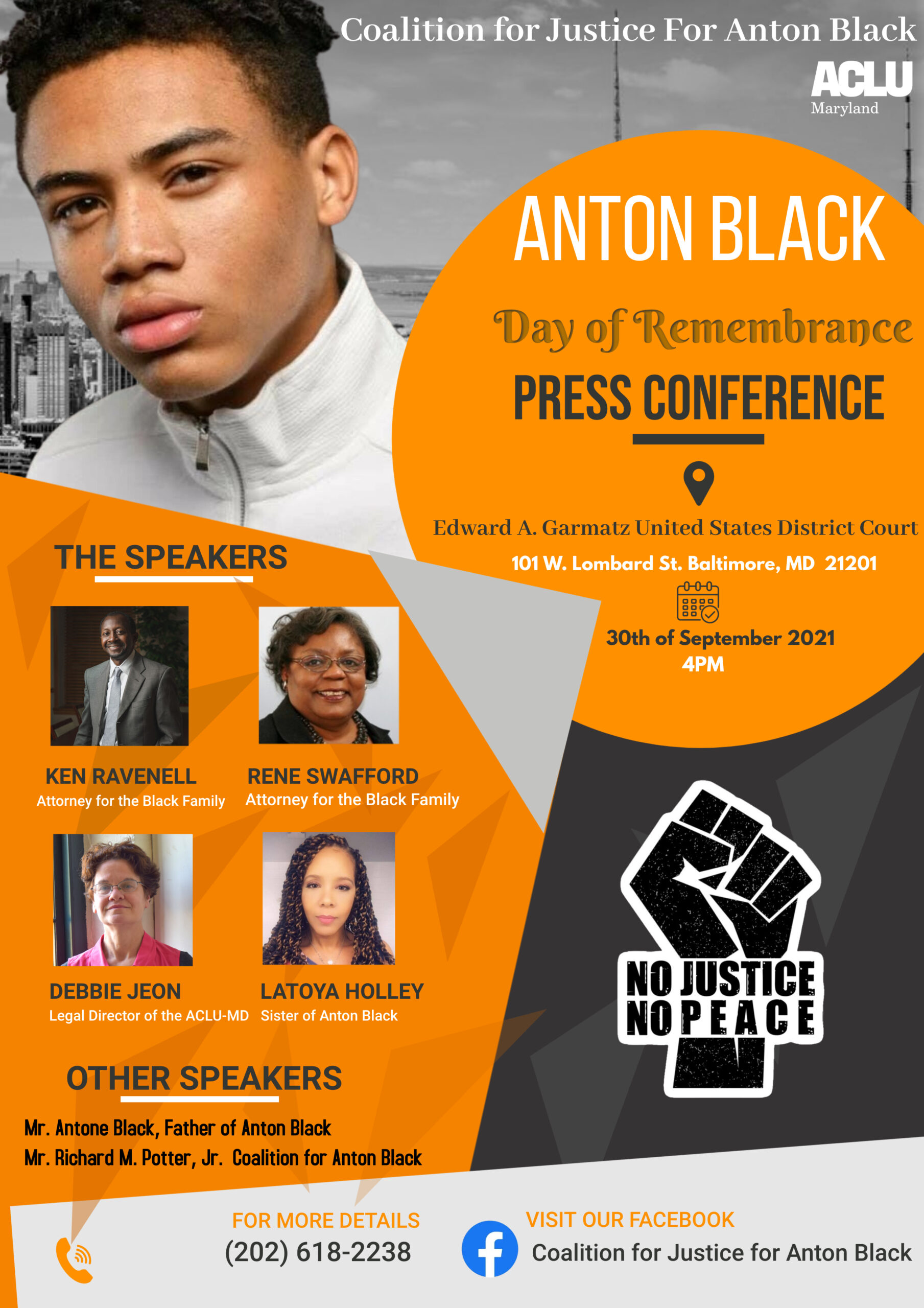 Anton Black Day of Rememberance press conference. September 30, 2021, at 4pm. Picture of Anton Black and the speakers, Ken Ravenell, Rene' Swafford, Debbie Jeon, and Latoya Holley. Other speakers include Antone Black and Richard Potter.