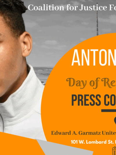 Anton Black Day of Remembrance press conference. Anton Black is pictured and there is an orange circle with event details.