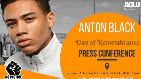 Anton Black Day of Remembrance press conference. Anton Black is pictured and there is an orange circle with event details.