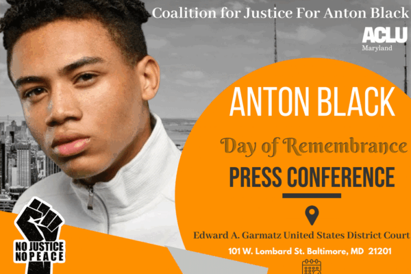 Anton Black Day of Remembrance press conference. Anton Black is pictured and there is an orange circle with event details.