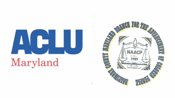 ACLU of Maryland's logo is on the left and Baltimore County Branch of the NAACP's logo is on the right.
