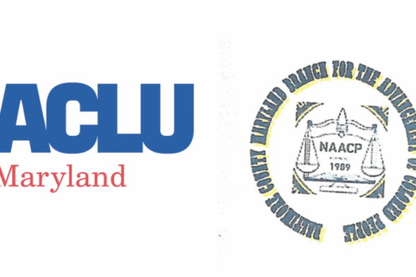 ACLU of Maryland's logo is on the left and Baltimore County Branch of the NAACP's logo is on the right.