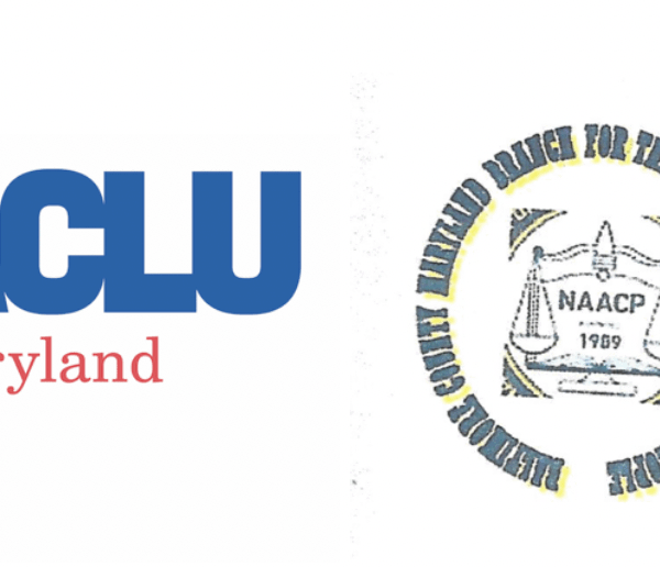 ACLU of Maryland's logo is on the left and Baltimore County Branch of the NAACP's logo is on the right.
