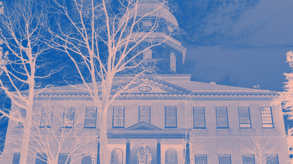 Maryland State House in Annapolis has a bitmap treatment over it with pink and blue angled lines.