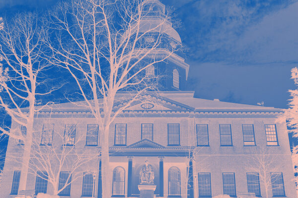 Maryland State House in Annapolis has a bitmap treatment over it with pink and blue angled lines.
