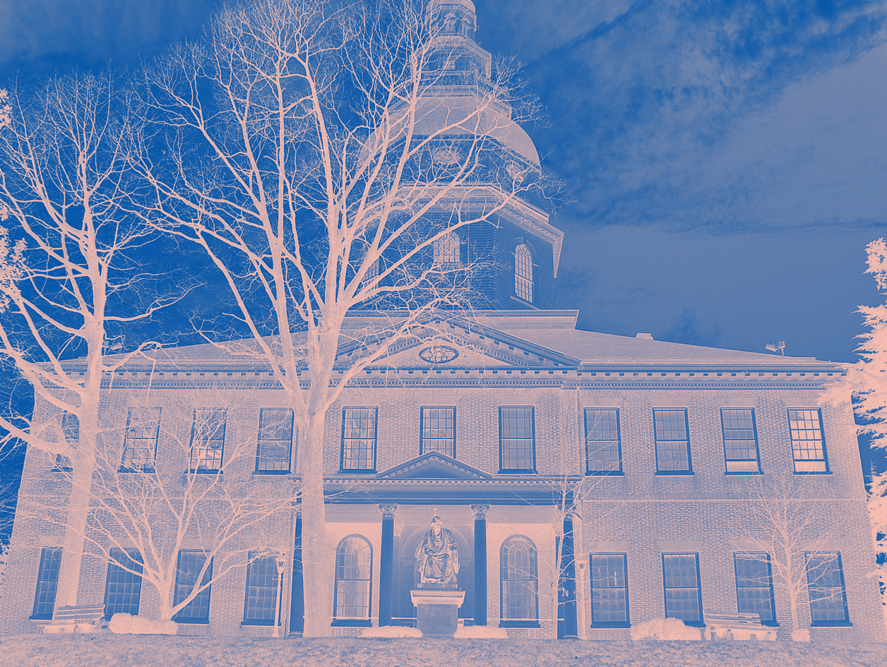 Maryland State House in Annapolis has a bitmap treatment over it with pink and blue angled lines.