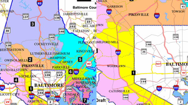 NAACP and ACLU-MD proposed redistricting plan for Baltimore County. Maps show the whole county with 7 districts, and a detail map with 2 majority-Black districts.