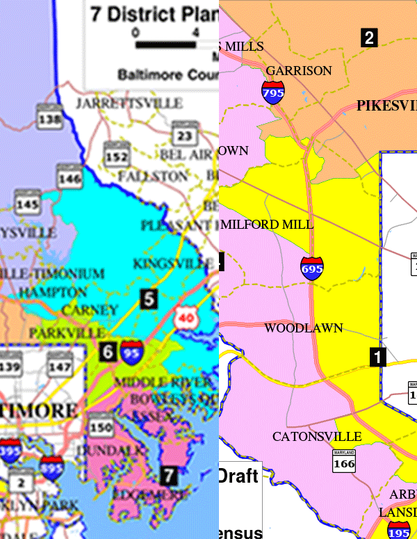 NAACP and ACLU-MD proposed redistricting plan for Baltimore County. Maps show the whole county with 7 districts, and a detail map with 2 majority-Black districts.