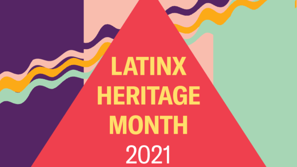 Latinx Heritage Month 2021. Image shows rectangles, a triangle, and squiggly lines, in bright colors.