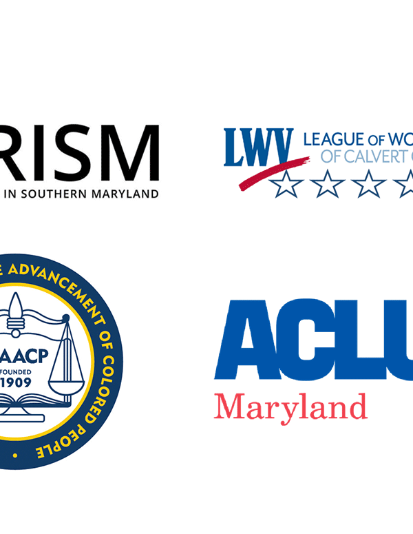 PRISM, League of Women Voters of Calvert County, NAACP, and ACLU of Maryland's 90th anniversary logo.