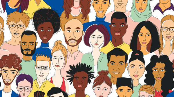 Illustration of a multiracial group of people with the ACLU color palette.