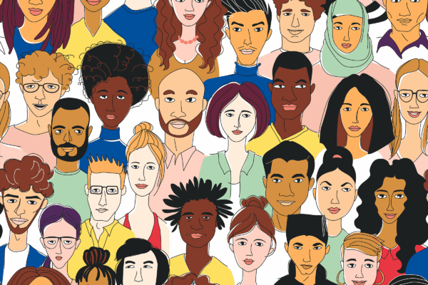Illustration of a multiracial group of people with the ACLU color palette.