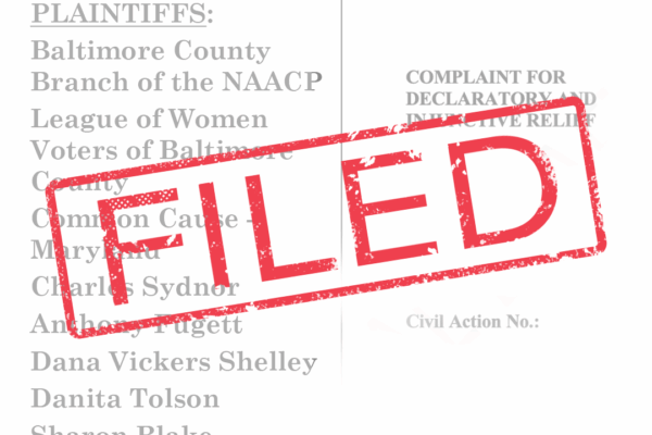 Lawsuit complaint image that shows a list of plaintiffs for the Baltimore County redistricting lawsuit with a red "FILED" stamp over on the page.