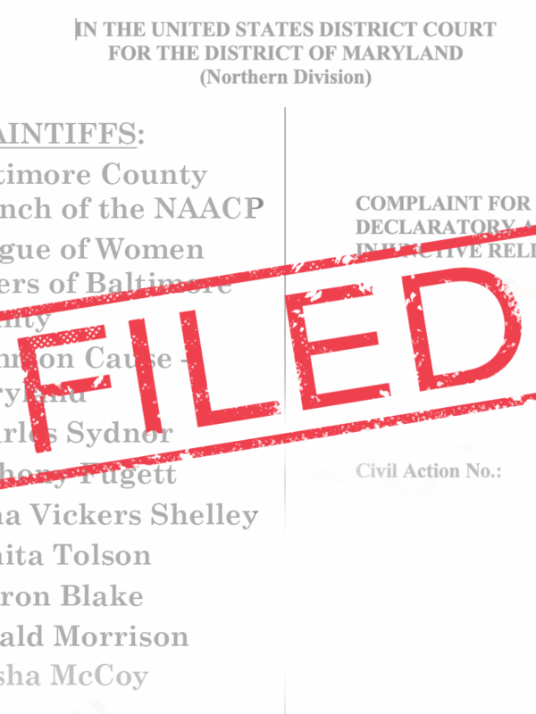Lawsuit complaint image that shows a list of plaintiffs for the Baltimore County redistricting lawsuit with a red "FILED" stamp over on the page.